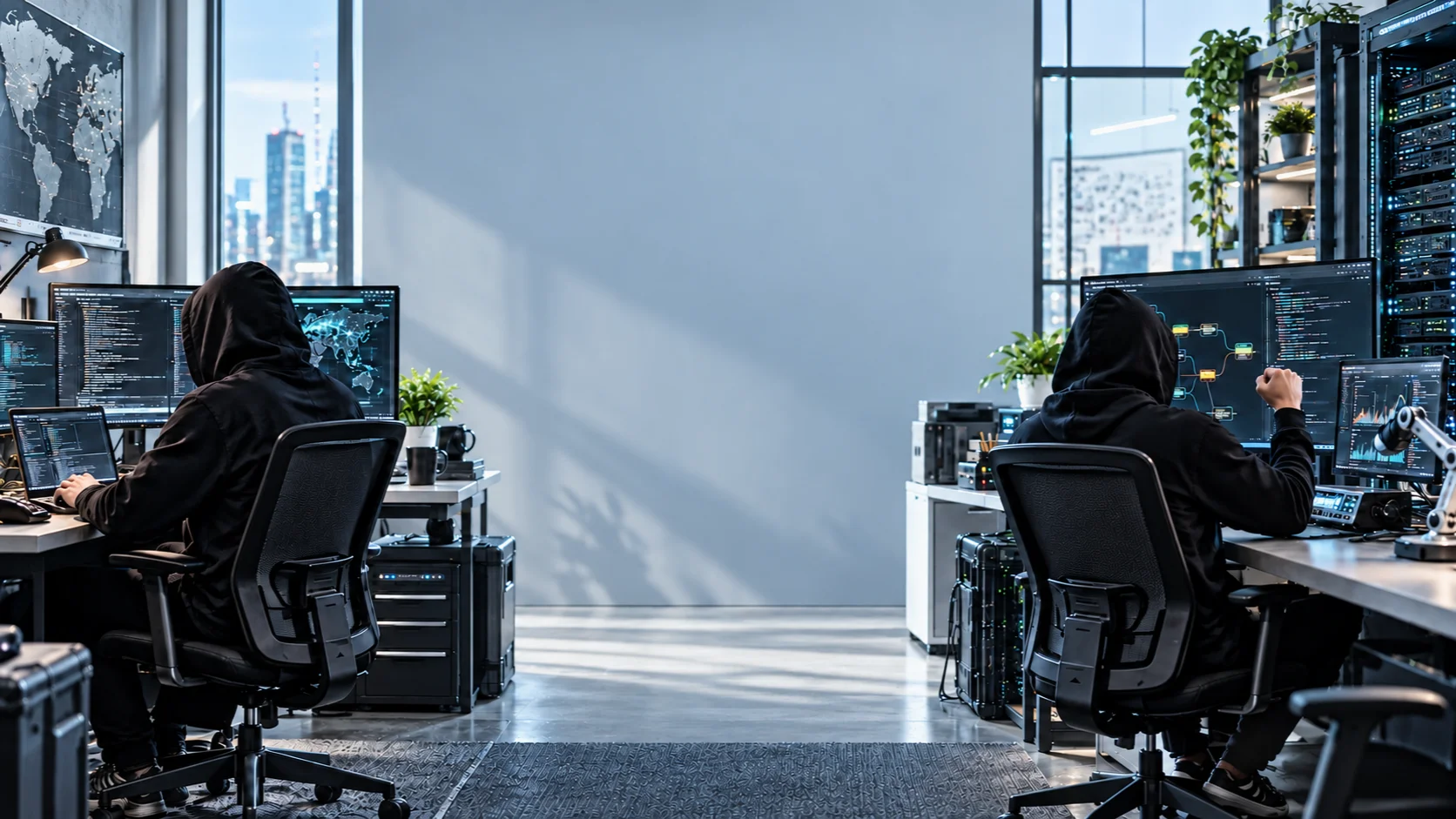 The same two cybersecurity researchers in their daylit automation studio