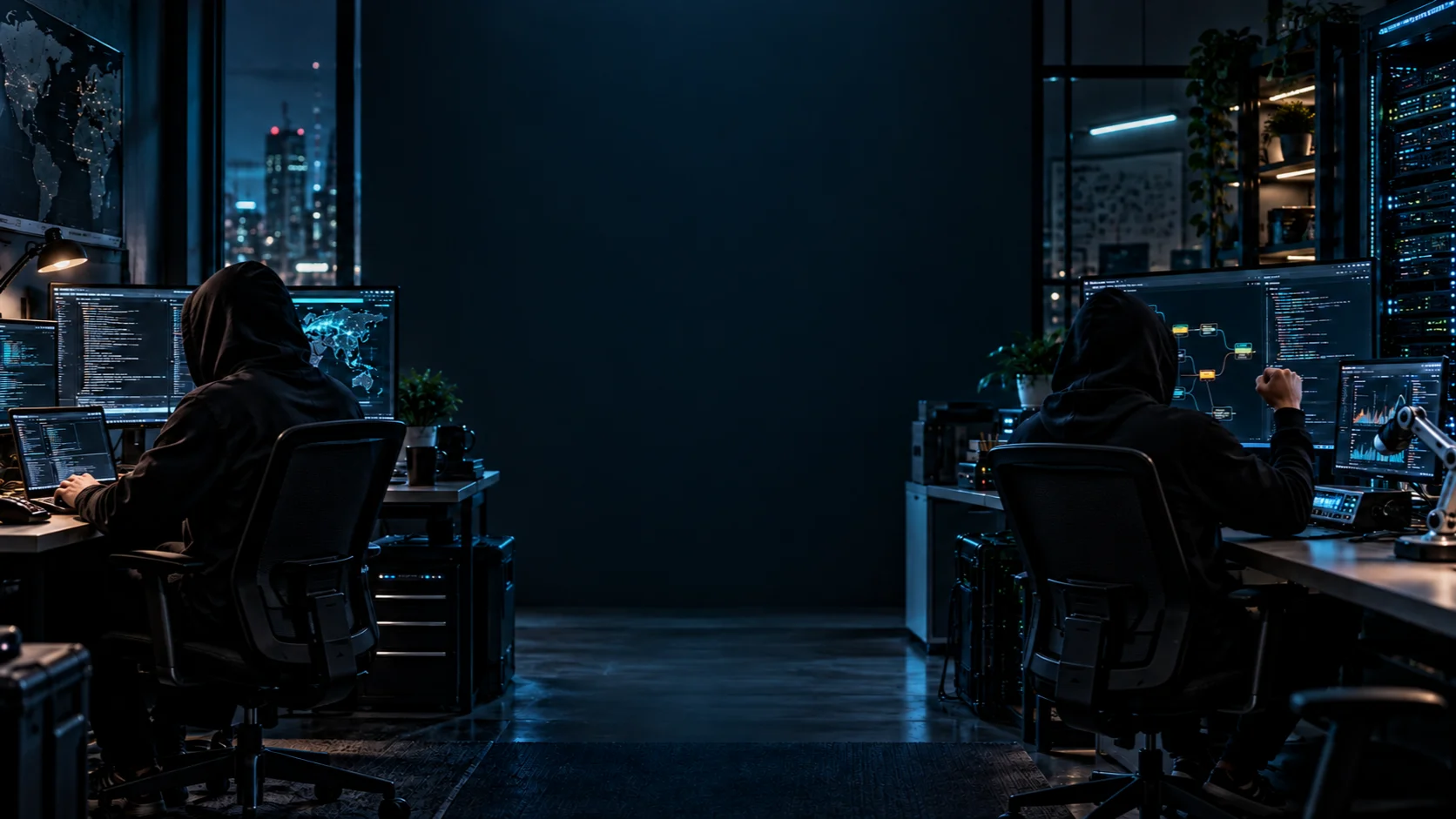 Two hooded cybersecurity researchers: one coding and one celebrating a successful test